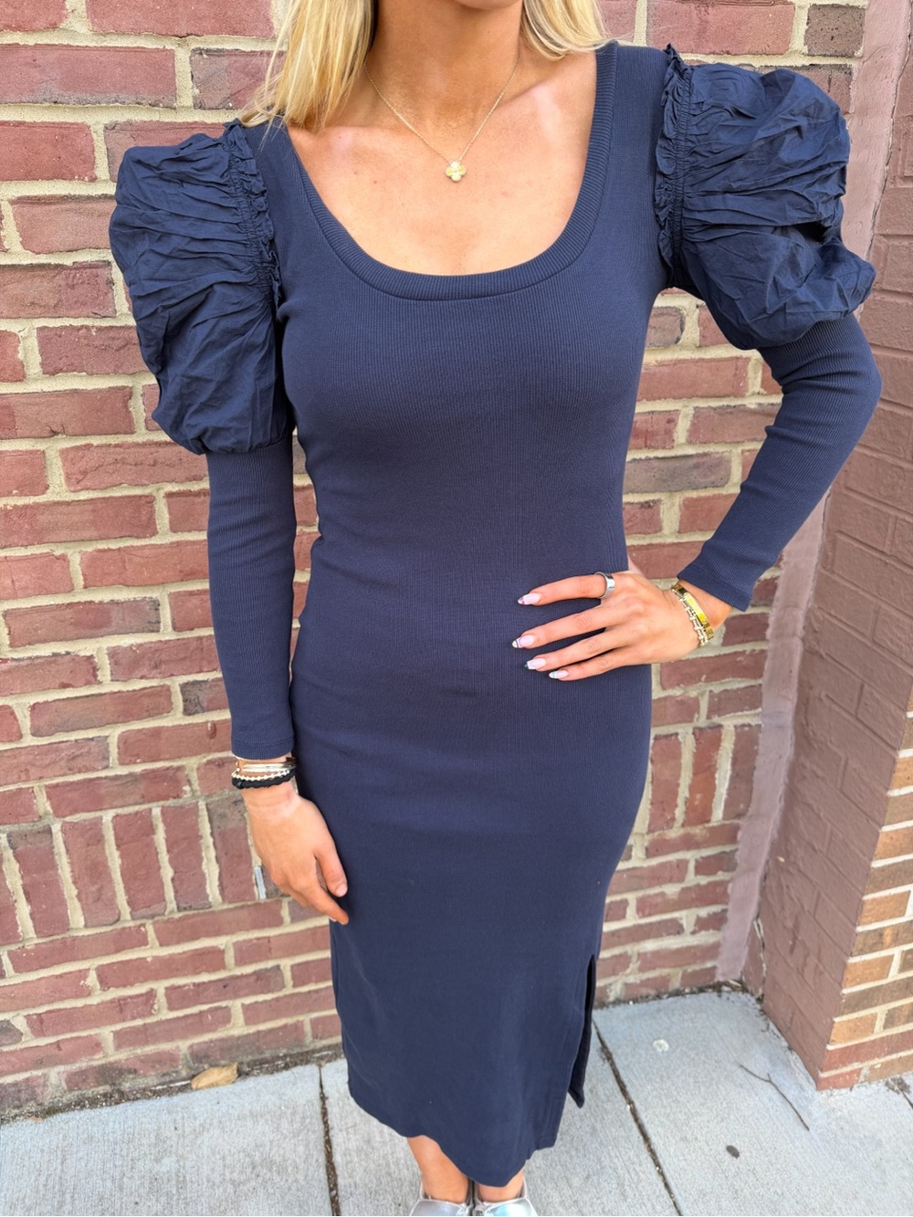Cleobella Navy Puff-Sleeve Ribbed Midi Dress